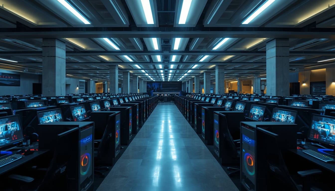 Wide view of the HYPERDEN gaming arena floor with symmetric rows of lit PC stations under a bright ceiling